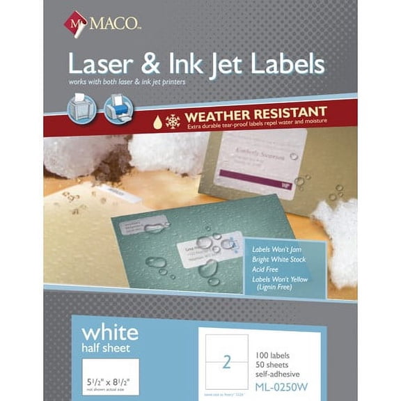 Maco Weather Resistant Laser & Inkjet Labels, 5 1/2" x 8 1/2", Two Labels Per Sheet (8 1/2" x 11"), White, Tear Proof (ML-0250W) - Box of 100 Labels / 50 Sheets