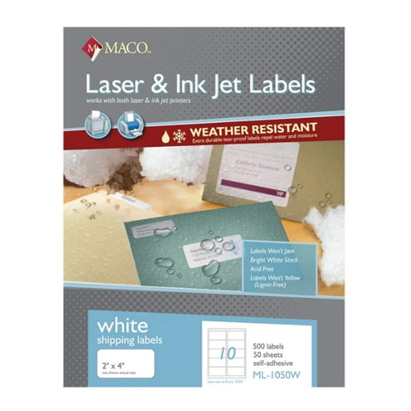 Maco Weather Resistant Laser & Inkjet Shipping Labels, 4" x 2", Ten Labels Per Sheet (8 1/2" x 11"), White, Tear Proof (ML-1050W) - Box of 500 Labels / 50 Sheets