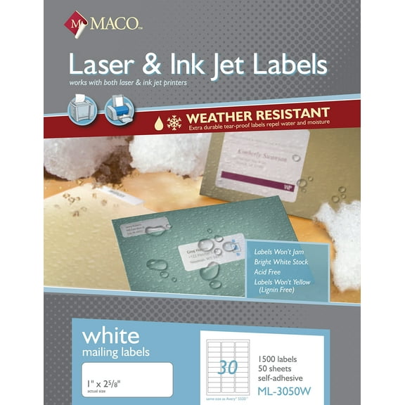Maco Weather Resistant White Address Labels, 2 5/8" x 1", 30 Labels Per Sheet (8 1/2" x 11") - Box of 50 Sheets / 1500 Labels