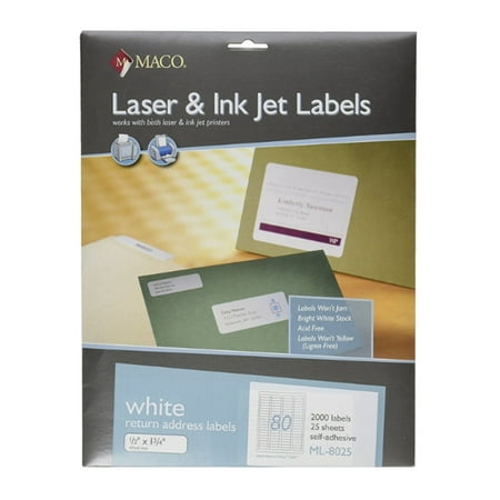 Maco White Return Address Labels, 1/2" x 1 3/4", 80-Up, Page Size: 8 1/2" x 11" - Box of 25 Sheets / 2,000 Labels