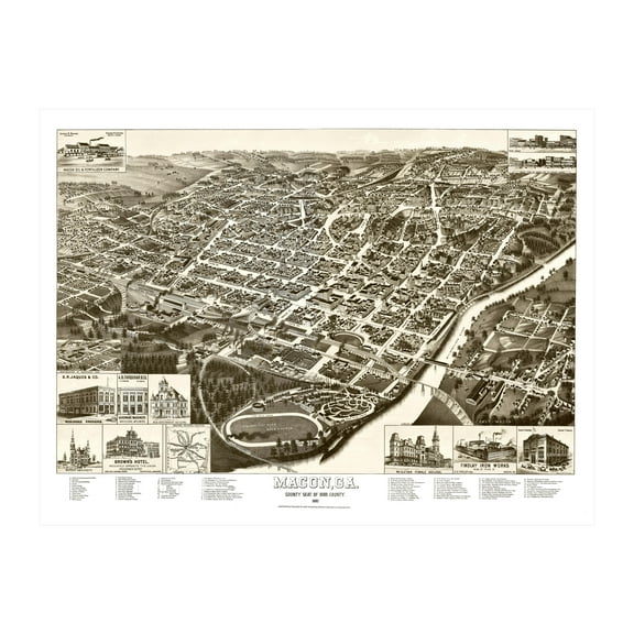 Macon Art, 1887 Vintage Map of Macon Georgia, GA History Wall Decor Gift, Old Macon Map - 24" x 18" Unframed Print