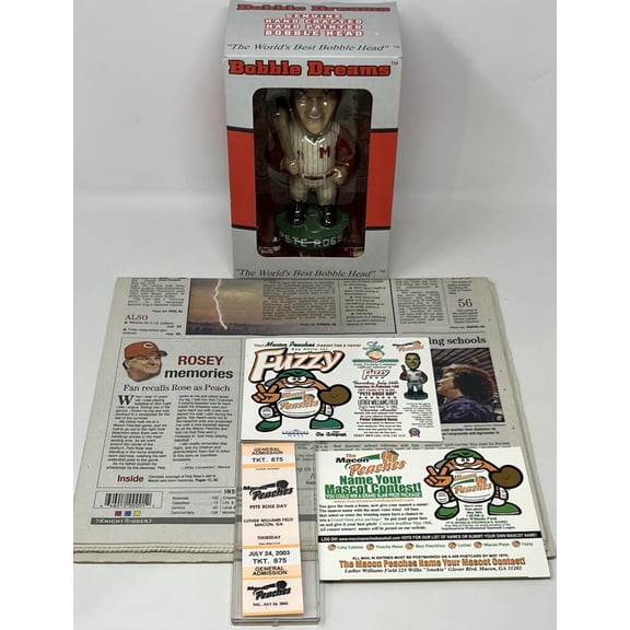 Macon Peaches Pete Rose Day Bobblehead w/ Admission Ticket and Newspaper