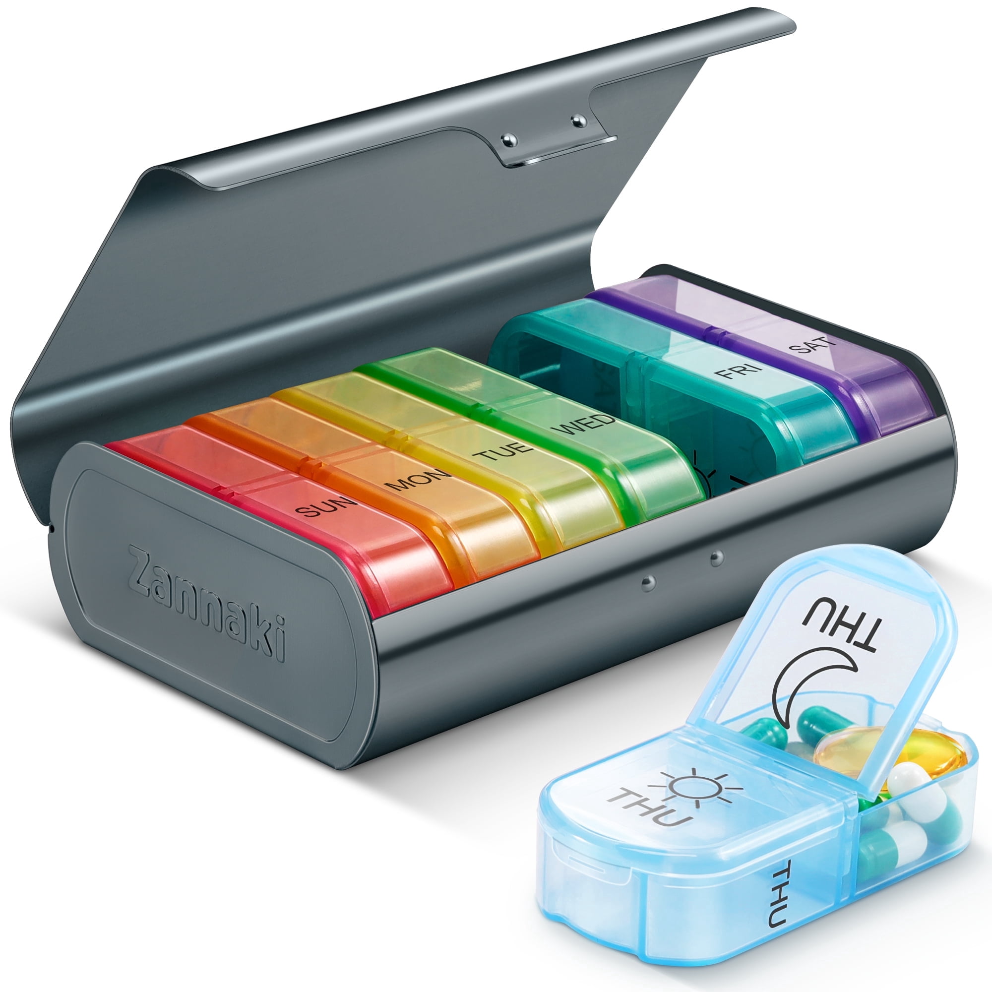 Macova Metal XL Weekly Pill Organizer 2 Times a Day, Large Travel Daily ...