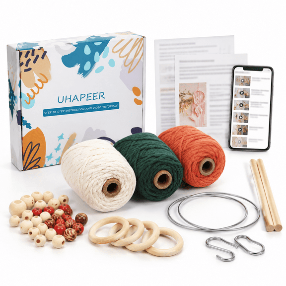 Macramé Kit for Beginners with Dark Green & Orange Cord, Complete Craft Set for DIY Home Decor