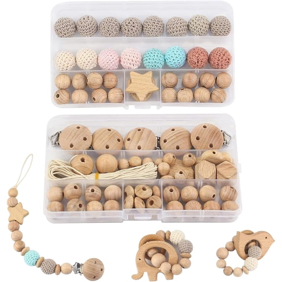 Macrame Beads 84Pcs Set, Natural Wooden Beads for DIY Crochet Crafts with Clips, forPacifier Chain Bracelets and Macrame Projects (1 Set)