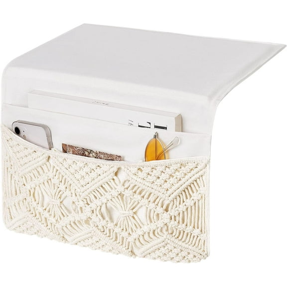 Macrame Bedside Caddy Storage Organizer Boho Remote Control Tablet Magazine Holder with 4 Pockets Non-slip Countertop Bedside Caddy for Home Bedroom Living Room College Dorm Bed, Ivory