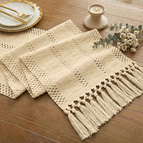 Macrame Boho Table Runner 72 Inches Long Farmhouse Woven Cotton Home Decor for Dining Room Table Kitchen Island Buffet Console Bridal Shower Party Rustic Farmhouse Kitchen Decor - 12x72 Inch(Khaki)