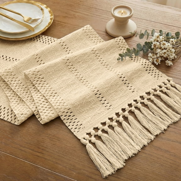 Macrame Boho Table Runner 72 Inches Long Farmhouse Woven Cotton Home Decor for Dining Room Table Kitchen Island Buffet Console Bridal Shower Party Rustic Farmhouse Kitchen Decor - 12x72 Inch(Khaki)