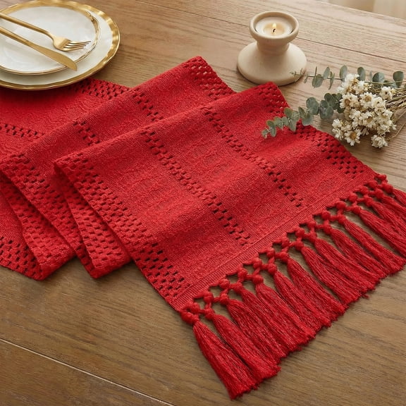 Macrame Boho Table Runner 72 Inches Long Farmhouse Woven Cotton Home Decor for Dining Room Table Kitchen Island Buffet Console Bridal Shower Party Rustic Farmhouse Kitchen Decor - 12x72 Inch(Red)