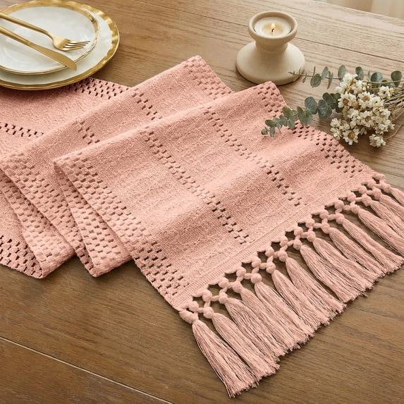 Macrame Boho Table Runner 72 Inches Long Farmhouse Woven Cotton Home Decor for Dining Room Table Kitchen Island Buffet Console Bridal Shower Party Rustic Farmhouse Kitchen Decor - 12x72 Inch(Pink)