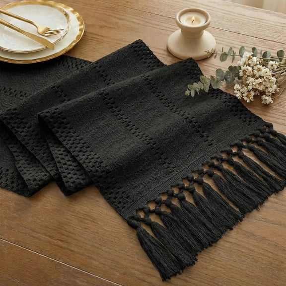Macrame Boho Table Runner 72 Inches Long Farmhouse Woven Cotton Home Decor for Dining Room Table Kitchen Island Buffet Console Bridal Shower Party Rustic Farmhouse Kitchen Decor - 12x72 Inch(Black)