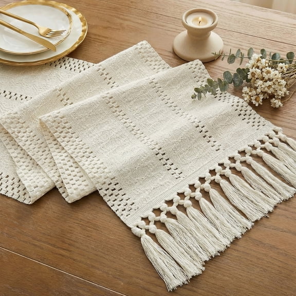 Macrame Boho Table Runner 72 Inches Long Farmhouse Woven Cotton Home Decor for Dining Room Table Kitchen Island Buffet Console Bridal Shower Party Rustic Farmhouse Kitchen Decor - 12x72 Inch(Beige)