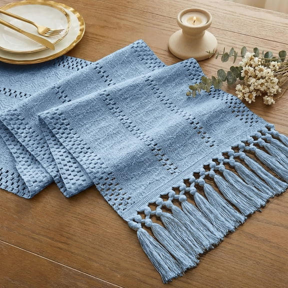 Macrame Boho Table Runner 72 Inches Long Farmhouse Woven Cotton Home Decor for Dining Room Table Kitchen Island Buffet Console Bridal Shower Party Rustic Farmhouse Kitchen Decor - 12x72 Inch（Blue）