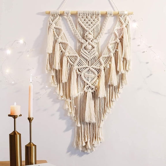Macrame Boho Wall Hanging Decor, Geometric Woven Tapestry with Long Tassel | Handmade Bohemian Cotton Art, Chic Wall Ornament, Bedroom Dorm Western Decor, Gift for Women