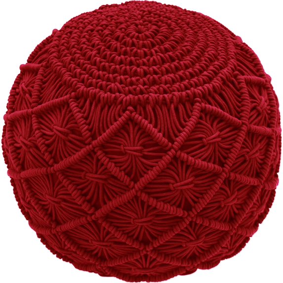 Macrame Braided Pouf - Knitted Cotton Cord Comfortable Round Dori Pouf - Prefilled Ottoman Footrest Bean Bag - Stuffed Boho Moroccan Accent Seating - Nursery Bedroom Dorm - 20 X 14 - Red