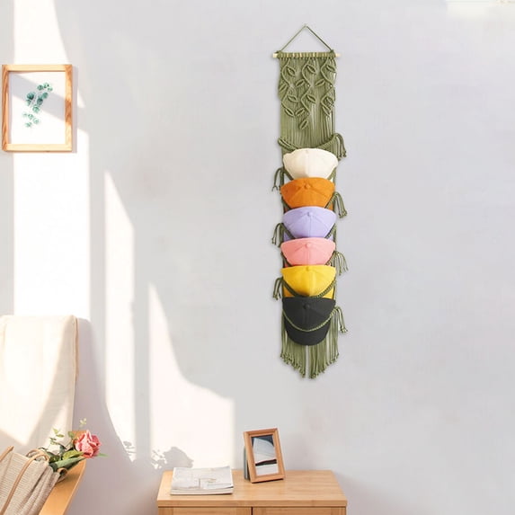 Macrame Cap Holder, Boho Hat Organizer, Baseball Cap Display Rack, Handwoven Wall Hat Hanger, Over Door Cap Storage, Macrame Hat Hanger for Baseball Caps Wall Door Closet Display, Green
