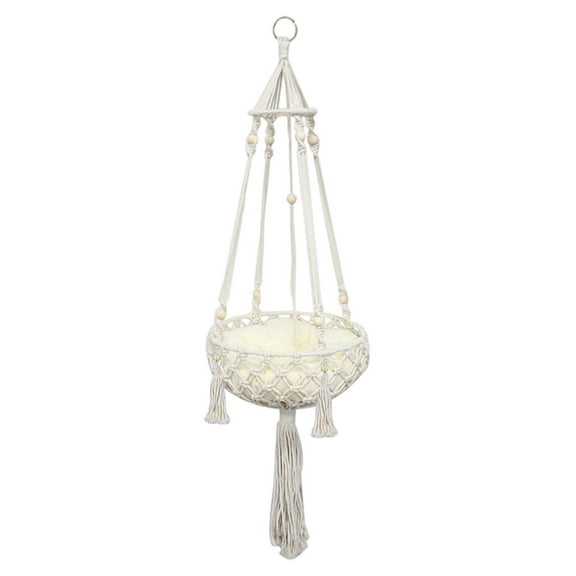 Macrame Cat Hammock Bed in Cotton White - 51" Hanging Swing for Cats, Handmade Natural Rope Pet Nest, Boho Modern Wall Mounted Cat Chair, Suitable for cats 15 pounds, With Cushion