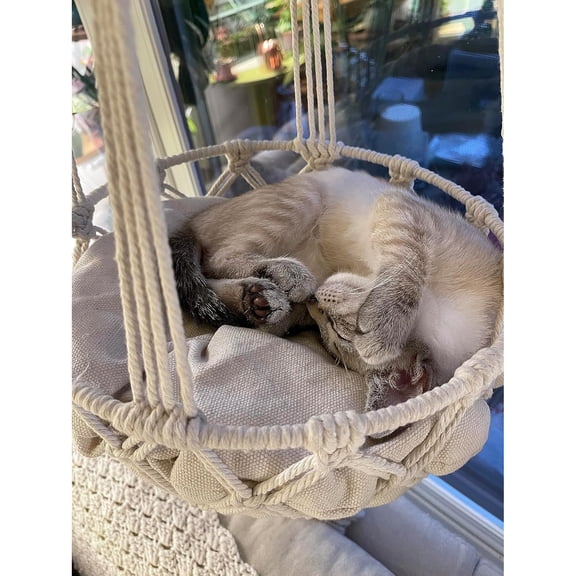 Macrame Cat Hammock Bed, Handwoven Hanging Boho Cat Bed with Hanging Kit for Indoor Outdoor Home Decor Ceiling Catio Swing for Playing Sleeping Climbing and Lounging