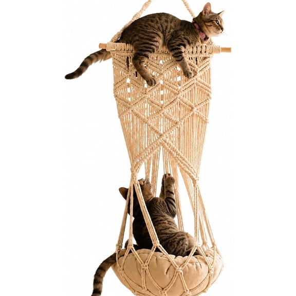 Macrame Cat Hammock Hanging Bed - Boho Wall Swing with Catnip Cushion for Wall Climber & Window Perch - Hardware Kit Included