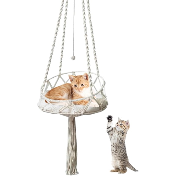 Macrame Cat Hammock Swing, Boho Cotton Rope Hanging Bed with Tassel & Toy Ball, Indoor Elevated Cat Bed for Living Room, 16x51 Inch