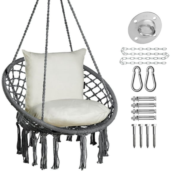 Macrame Chair Hanging Swing Chair Max 330 Lbs Hammock Chair with 2 Cushions and Hardware Kits Cotton Rope Chair for Indoor Outdoor Bedroom Patio Garden - Light Grey