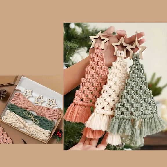 Macrame Christmas Tree Ornaments Boho Woven Xmas Tree Hanging Decor Handmade Rope Tassel Christmas Pendant Diy Kits for Farmhouse Holiday Wall Xmas Tree Decorations,3 Colors Set