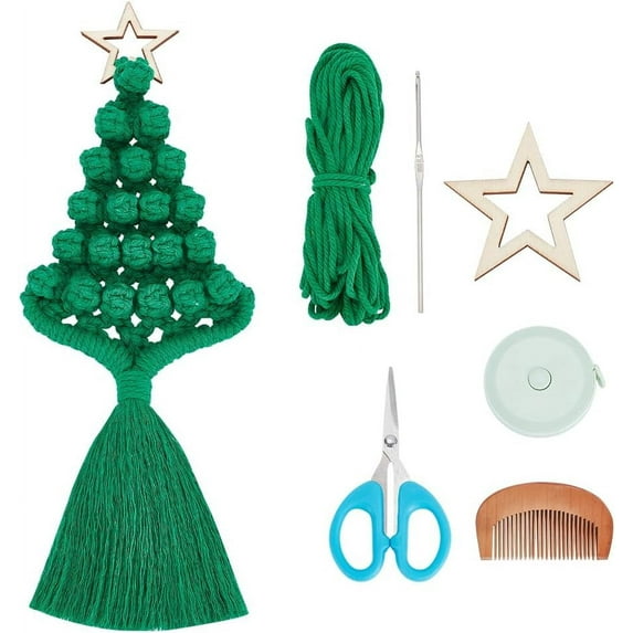 Macrame Christmas Tree with Pentagram Shape Top Macrame Christmas Ornaments with Instruction Macrame Wall Hanging Beginners Green (DK-FB0005-21-US35)