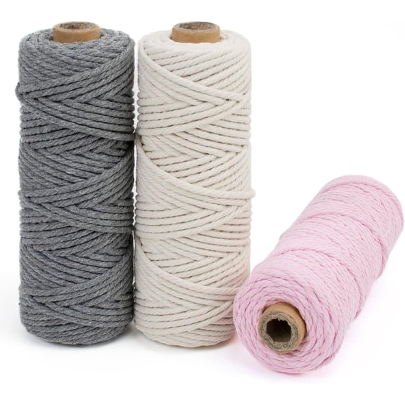Macrame Cord 3mm Set, 150m Thick Macrame Cotton Rope Yarn, 4 Strand Twisted Soft Macrame String for Crafts, Plant Hanger, Wall Hanging, Gift Wrapping, DIY, Home Decoration (3 Color H)