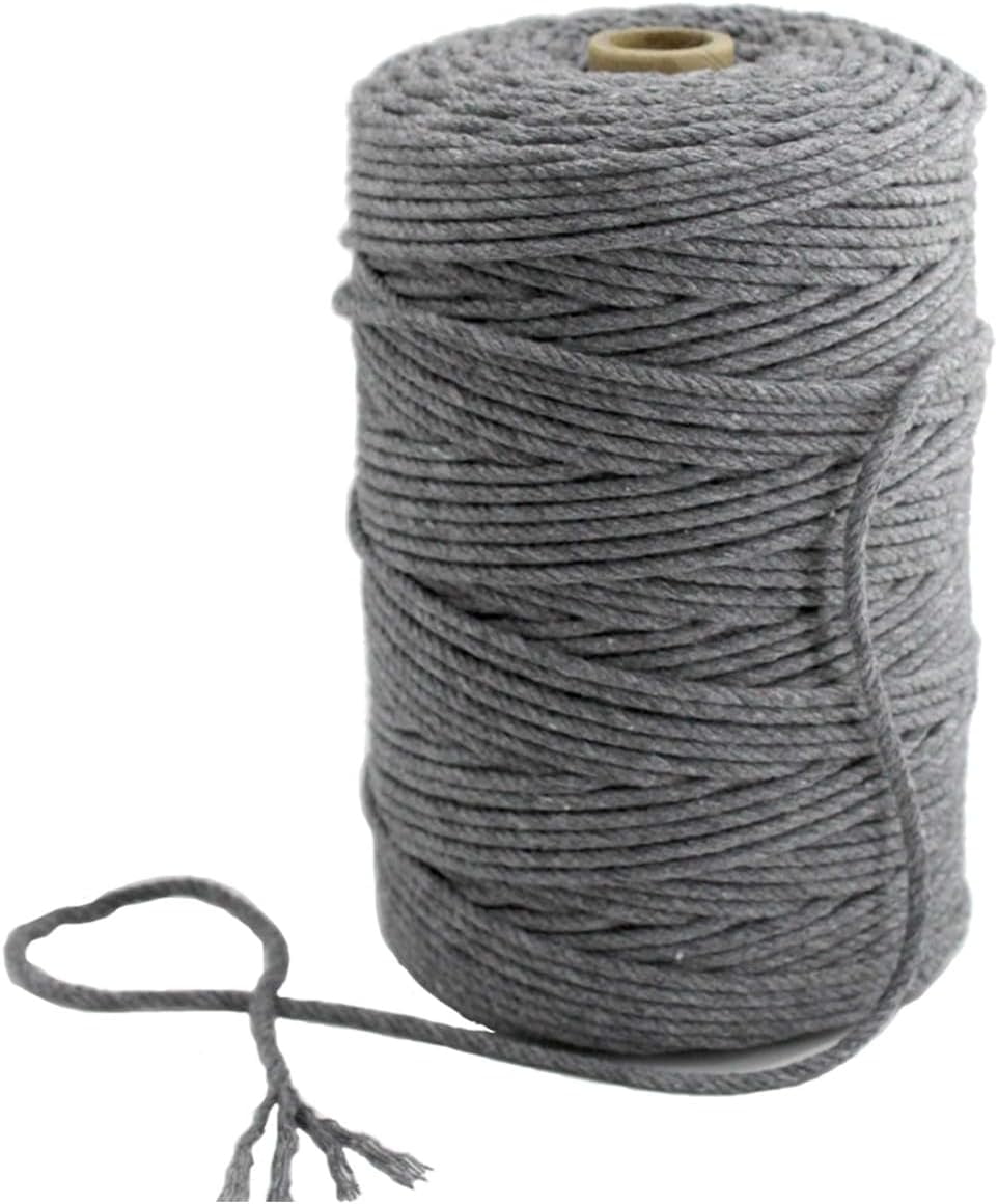 Macrame Cord, 3mm x 219 Yards Dark Gray Cotton String Macrame Rope, 4 Strand Twisted Soft Cotton Cord for Wall Hanging, Plant Hangers, Crafts, Knitting,Dark Gray