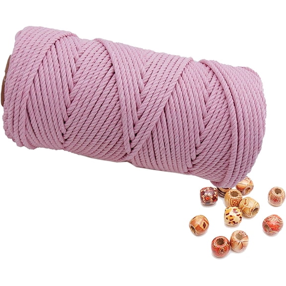 Macrame Cord 4mm 100m Cotton Rope Light Pink, Natural Cotton Yarn for Colorful Hand Knitting, 4 Strands Twist String for Handmade Colored Wall Hanging Weaving Tapestry