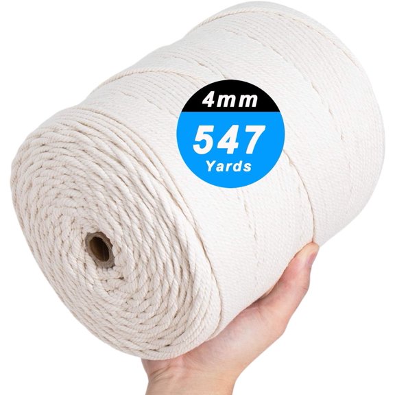 Macrame Cord 4mm x 547Yards, Natural Cotton Macrame Rope - 4 Strands Twisted Macrame Cotton Cord for Wall Hanging, Plant Hangers, Crafts, Gift Wrapping and Wedding Decorations（4mmX500m）