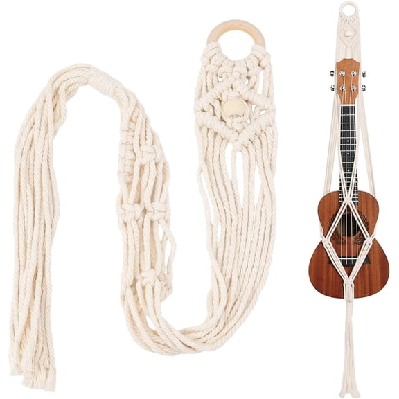Macrame Cotton Cord Guitar Holder with Wood Findings Old Lace 950x80x19mm Hole: 35.5mm