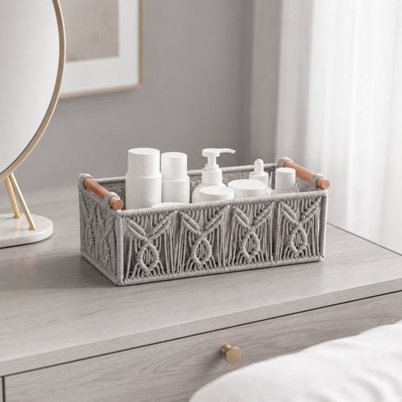 Macrame Cotton Rope Storage Basket Wooden Handle Rectangular Woven Organizer Bin Bathroom Bedroom Shelf Countertop Home Decor Boho Storage Basket Household Items Holder Display Basket