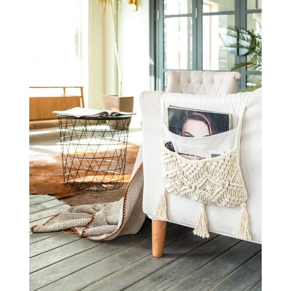 Macrame Couch Organizer Remote Control Caddy Sofa Armrest Armchair Bedside Storage Holder Bag for TV Remote, Magazine, Books, Cell Phone, iPad, Boho Living Room Home Dorm Decor, Beige
