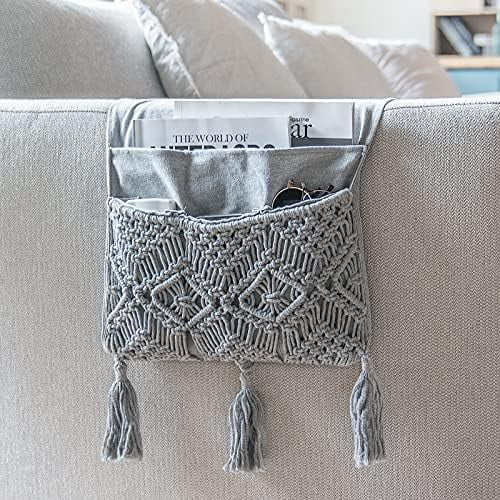 Macrame Couch Organizer Remote Control Caddy Sofa Armrest Armchair Bedside Storage Holder Bag for TV Remote, Magazine, Books, Cell Phone, iPad, Boho Living Room Home Dorm Decor, Grey