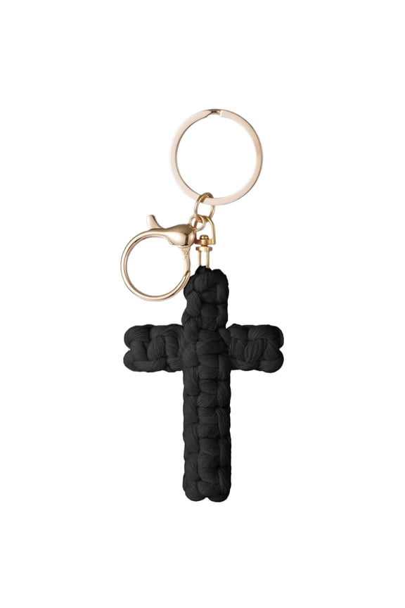 Macrame Cross Keychain,Jesus Key Chain Christian Car Accessories Handmade Soft Cross Keychain Boho Decor for Women Men Gifts,Black