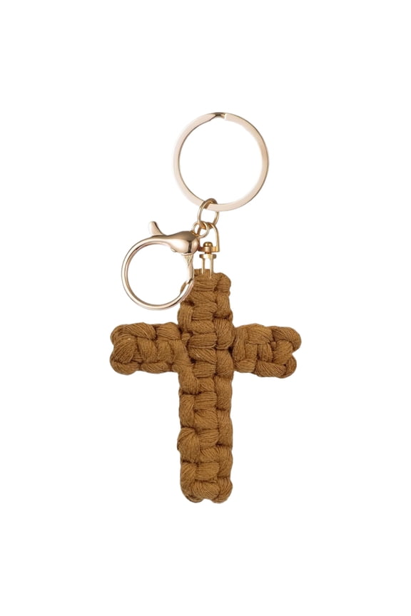 Macrame Cross Keychain,Jesus Key Chain Christian Car Accessories Handmade Soft Cross Keychain Boho Decor for Women Men Gifts,Brown