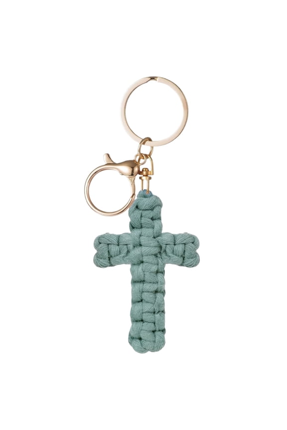 Macrame Cross Keychain,Jesus Key Chain Christian Car Accessories Handmade Soft Cross Keychain Boho Decor for Women Men Gifts,Turquoise