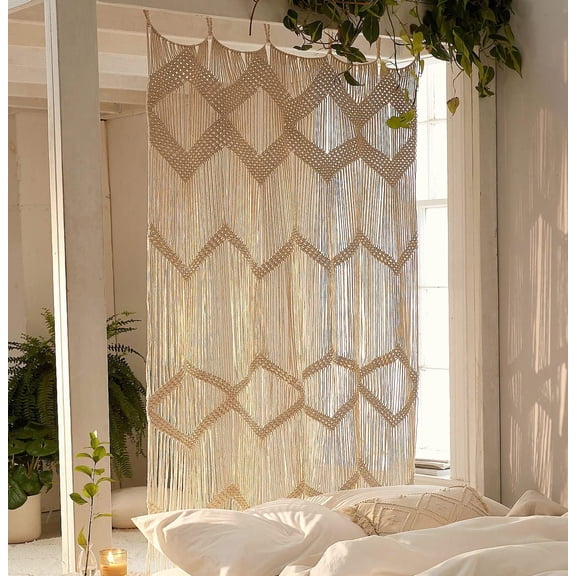Macrame Curtain 42" W x 75" H Beige Boho Wall Hanging Room Divider Decor
