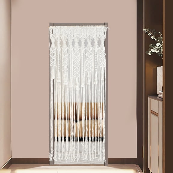 Boho Handwoven Macrame Wall Hanging Curtain, Polyester Cotton Woven Window Drape, Large Beige Decor Tapestry for Living Room Bedroom Wedding Party Home Decor
