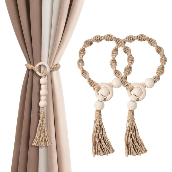 Macrame Curtain Tiebacks with Wooden Beads, Jute Rope Boho Holdbacks with Tassels, Natural Beige, 2-Pcs