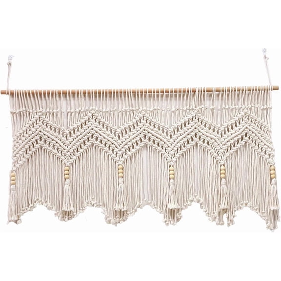 Macrame Curtains, 52x21 Inch Cotton Rope Woven Valance, Boho Wall Hanging for Kitchen