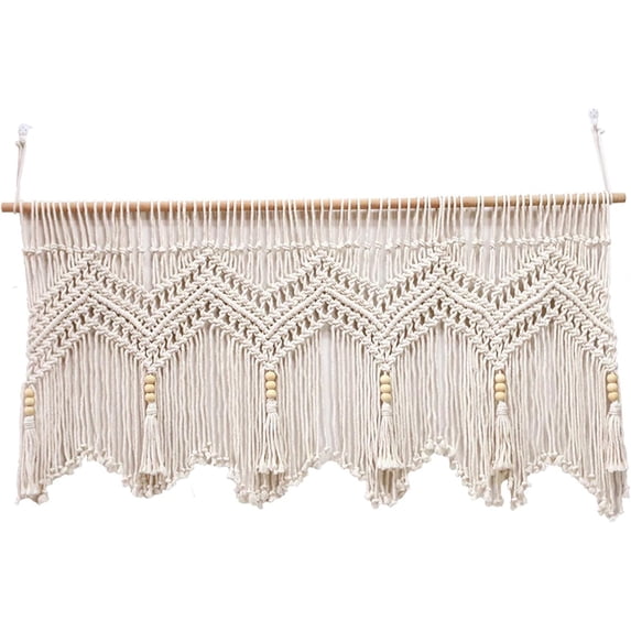 Macrame Curtains, 52x21 Inch Cotton Rope Woven Valance, Boho Wall Hanging for Kitchen