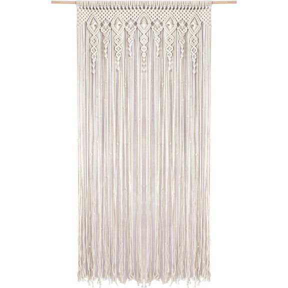 Macrame Curtains Long Cotton Macrame Wall Hanging Boho Beaded Curtain for Window Doorway Handmade Wedding Backdrop Room Divider, 1 Panel 79" L x 35" W