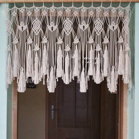 Macrame Curtains Valance with Bead for Kichen Boho Window Short Doorway Curtains Valance Wall Hanging Treatments Above Bed Decor for Bedroom Livingroom Kitchen Bathroom Wall Decor 47x22Inch