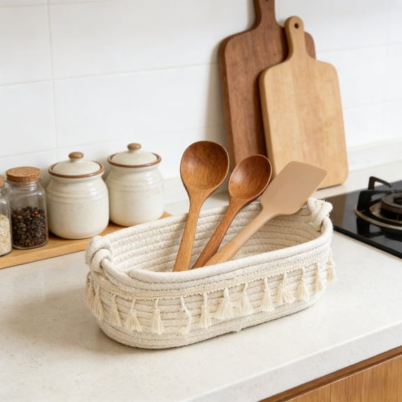 Macrame Decorative Woven Rope Storage Basket with Tassels and Twisted Handle, Boho Style Makeup Perfume or Cosmetics Organizer for Desk, Bathroom, or Bedroom, Handcrafted Polyester