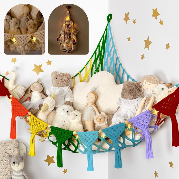 Macrame DreamLights Boho Storage Net - and Small Stuffed Net or Hammock (Rainbow)