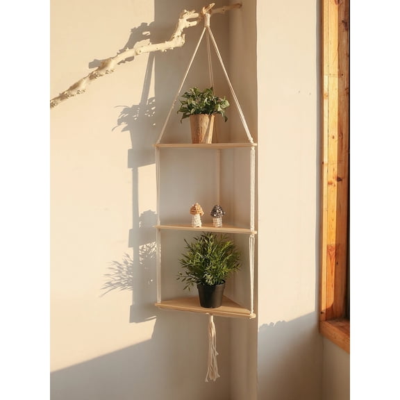 Macrame Floating Corner Shelf, Boho Wooden Hanging Wall Organizer, 3 Tiered Cord Plant Holder Display Rack for Living Room Bedroom Bathroom
