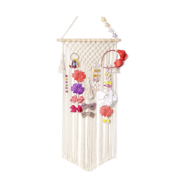 Macrame Hair Bow Holder Hanging Hair Clips Hanger Headband Storage Organizer Fringe Boho Wall D r Tassels Bow Organizer for Baby Girls Room Ornament Gift,Ivory