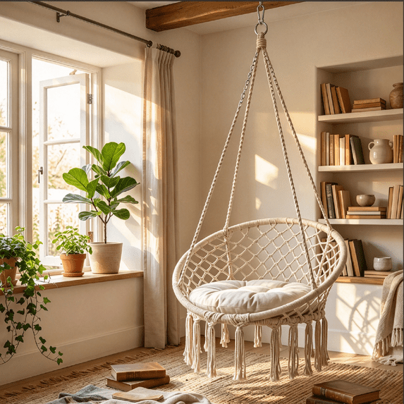 Macrame Hammock Chair, Hanging Chair Indoor 330lbs, Beige Cotton Boho ...